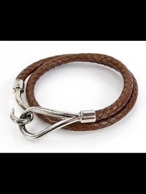 Hermes Brown Braided Leather Double Wrap Bracelet with Silver Hook